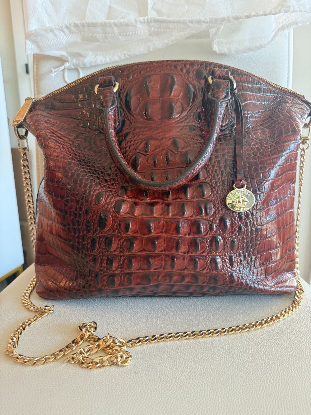 Brahmin Duxbury Chianti Red Melbourne Croc Embossed Leather satchel bag w/ gold